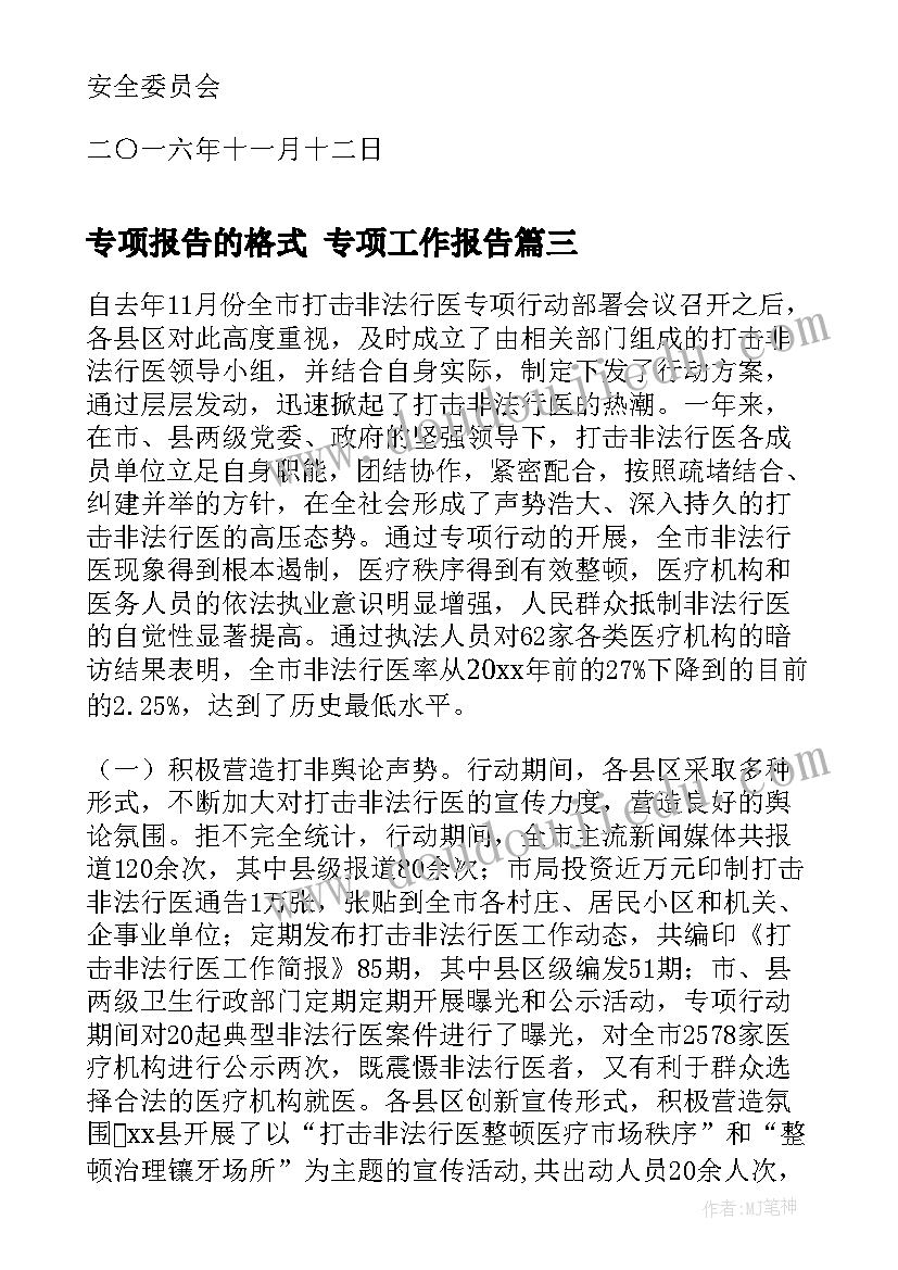 最新专项报告的格式 专项工作报告(精选7篇)