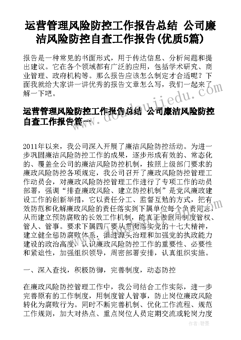 运营管理风险防控工作报告总结 公司廉洁风险防控自查工作报告(优质5篇)