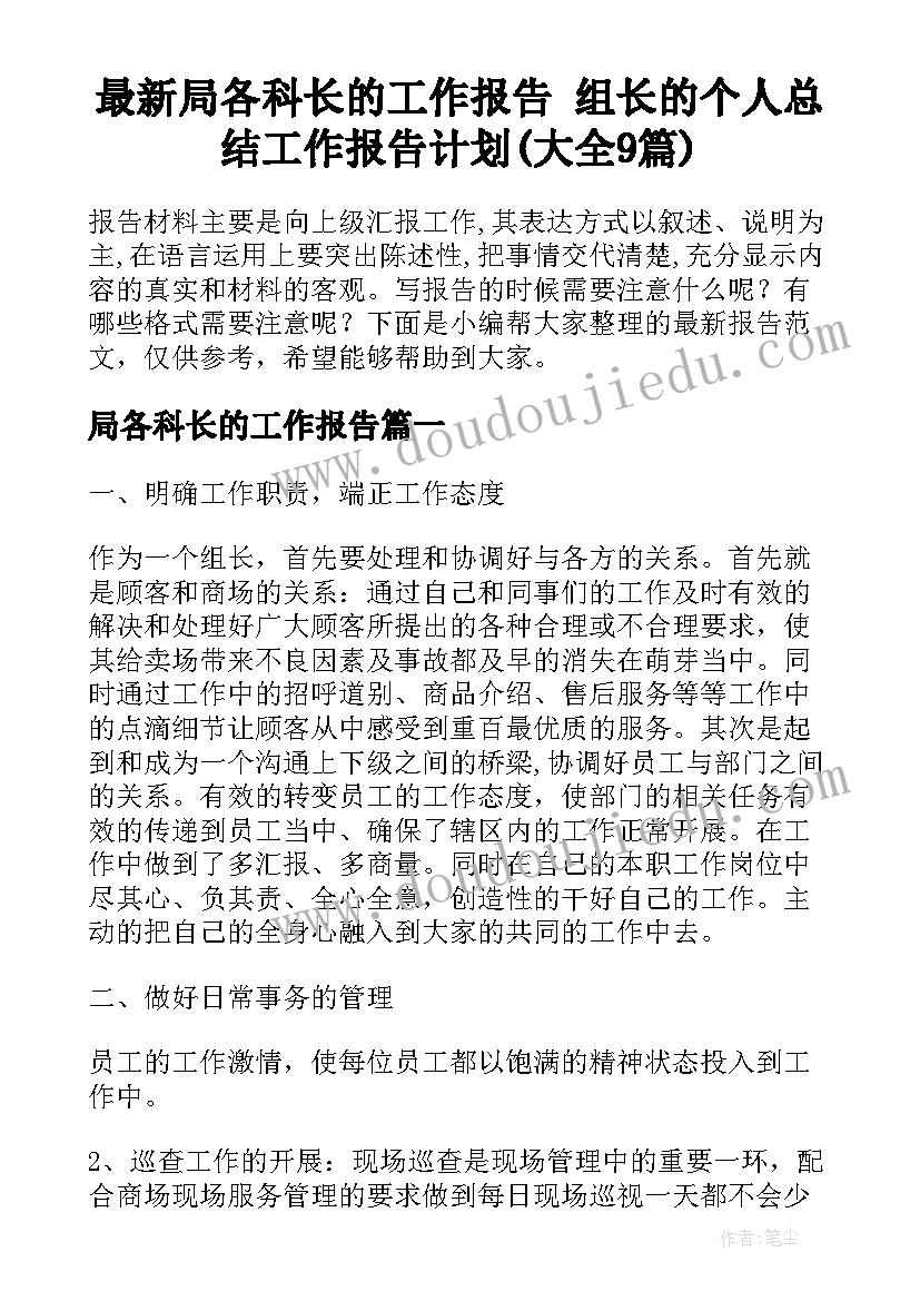 最新局各科长的工作报告 组长的个人总结工作报告计划(大全9篇)