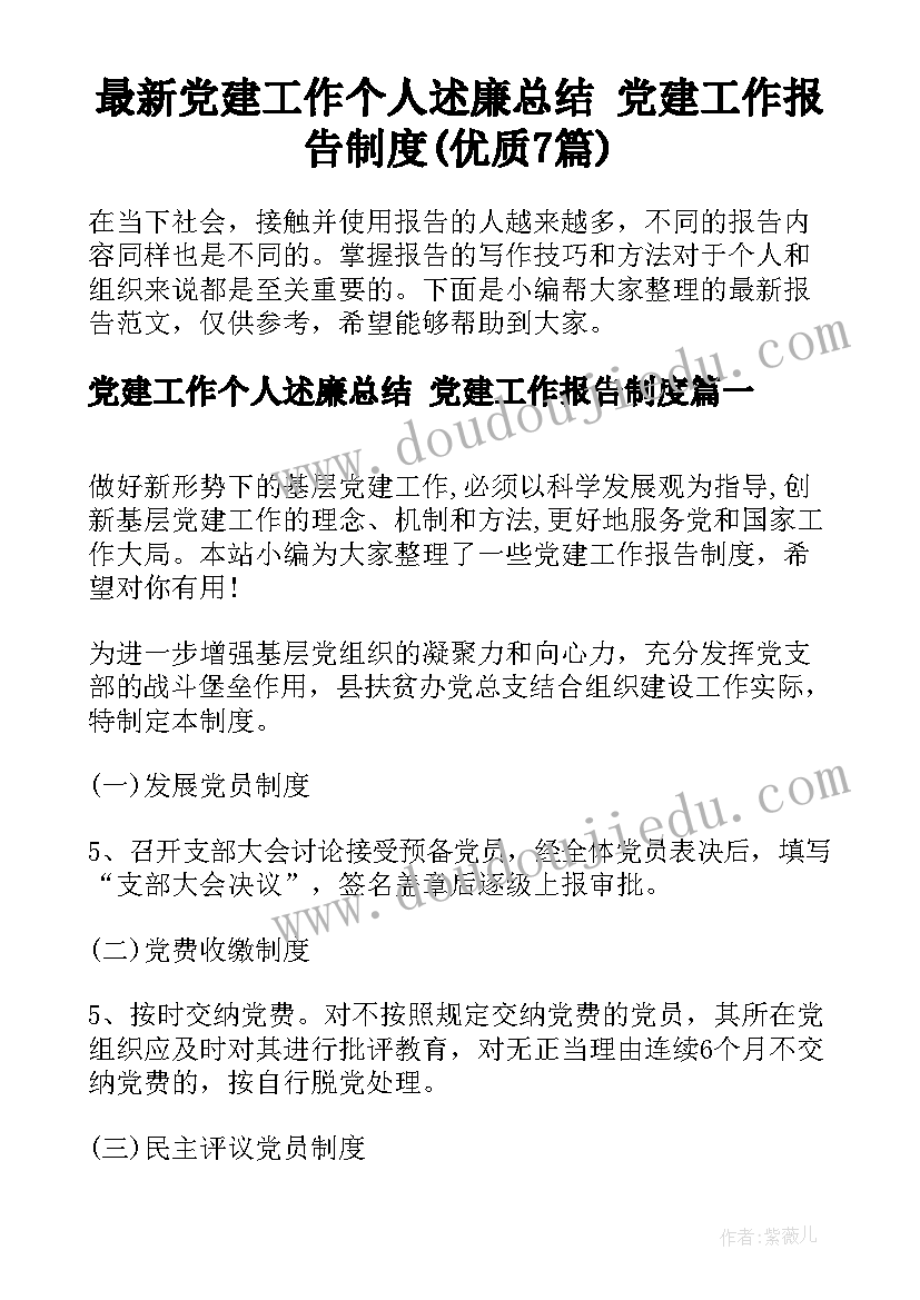 最新党建工作个人述廉总结 党建工作报告制度(优质7篇)