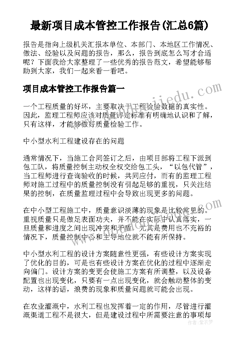 最新项目成本管控工作报告(汇总6篇)