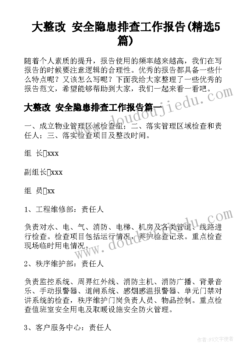 大整改 安全隐患排查工作报告(精选5篇)