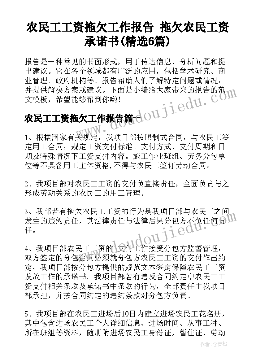 农民工工资拖欠工作报告 拖欠农民工资承诺书(精选6篇)