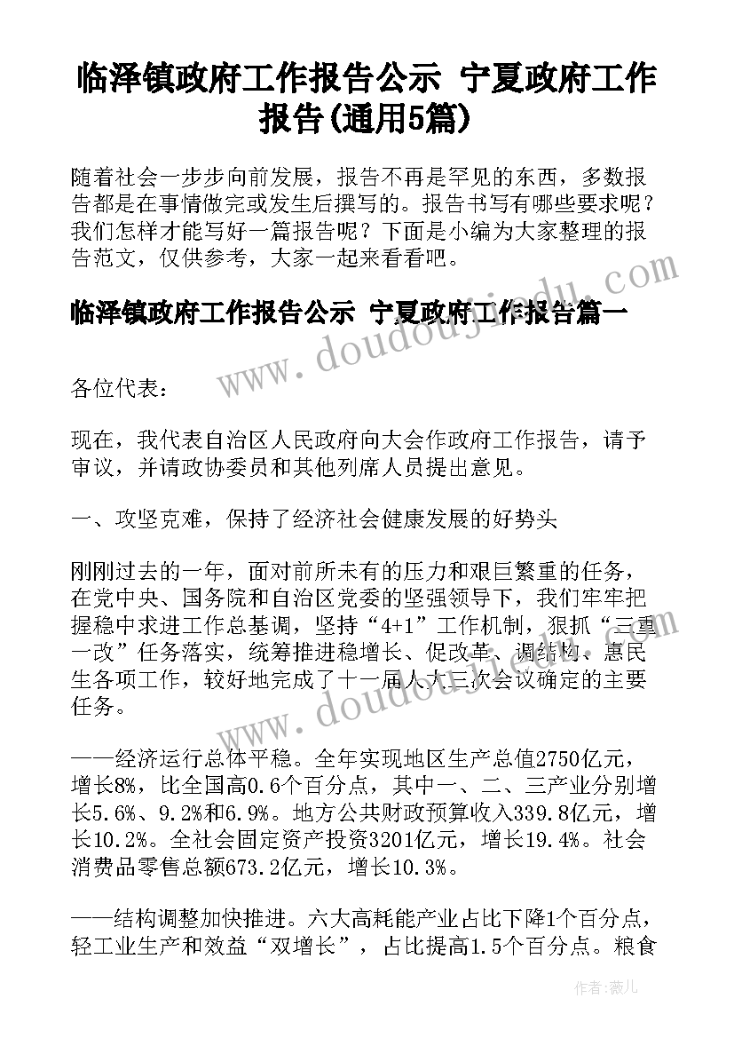 临泽镇政府工作报告公示 宁夏政府工作报告(通用5篇)