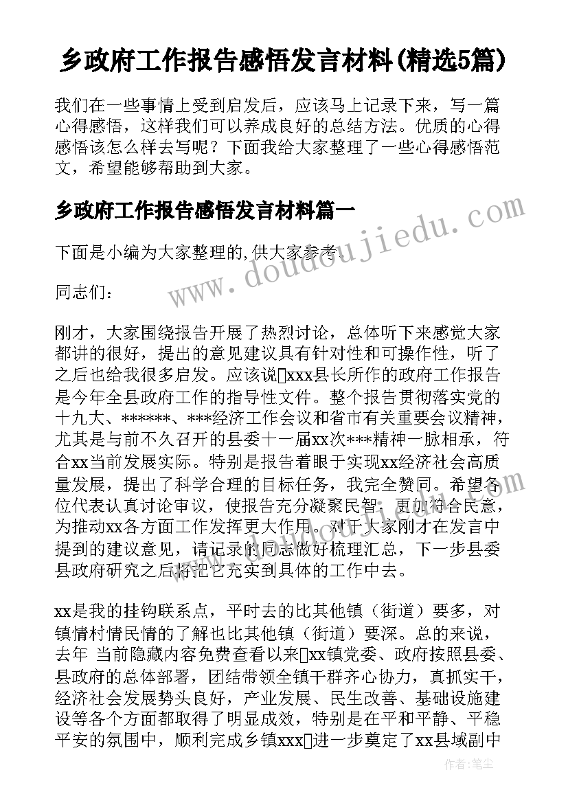 乡政府工作报告感悟发言材料(精选5篇)