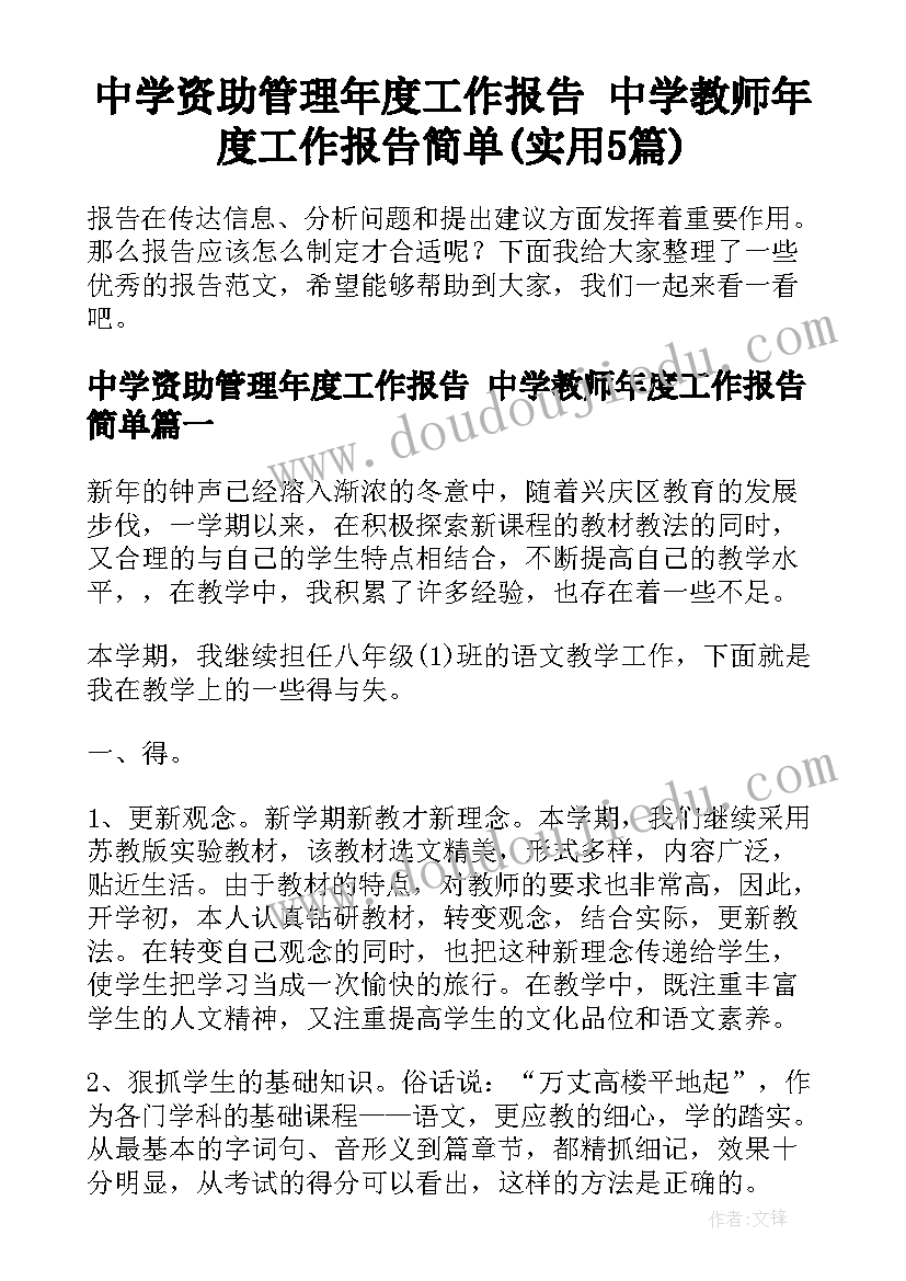 中学资助管理年度工作报告 中学教师年度工作报告简单(实用5篇)