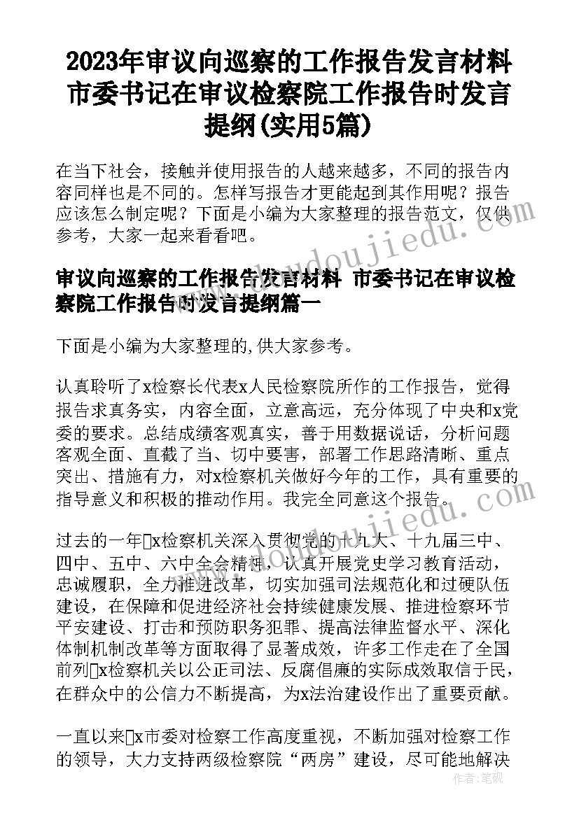 2023年审议向巡察的工作报告发言材料 市委书记在审议检察院工作报告时发言提纲(实用5篇)