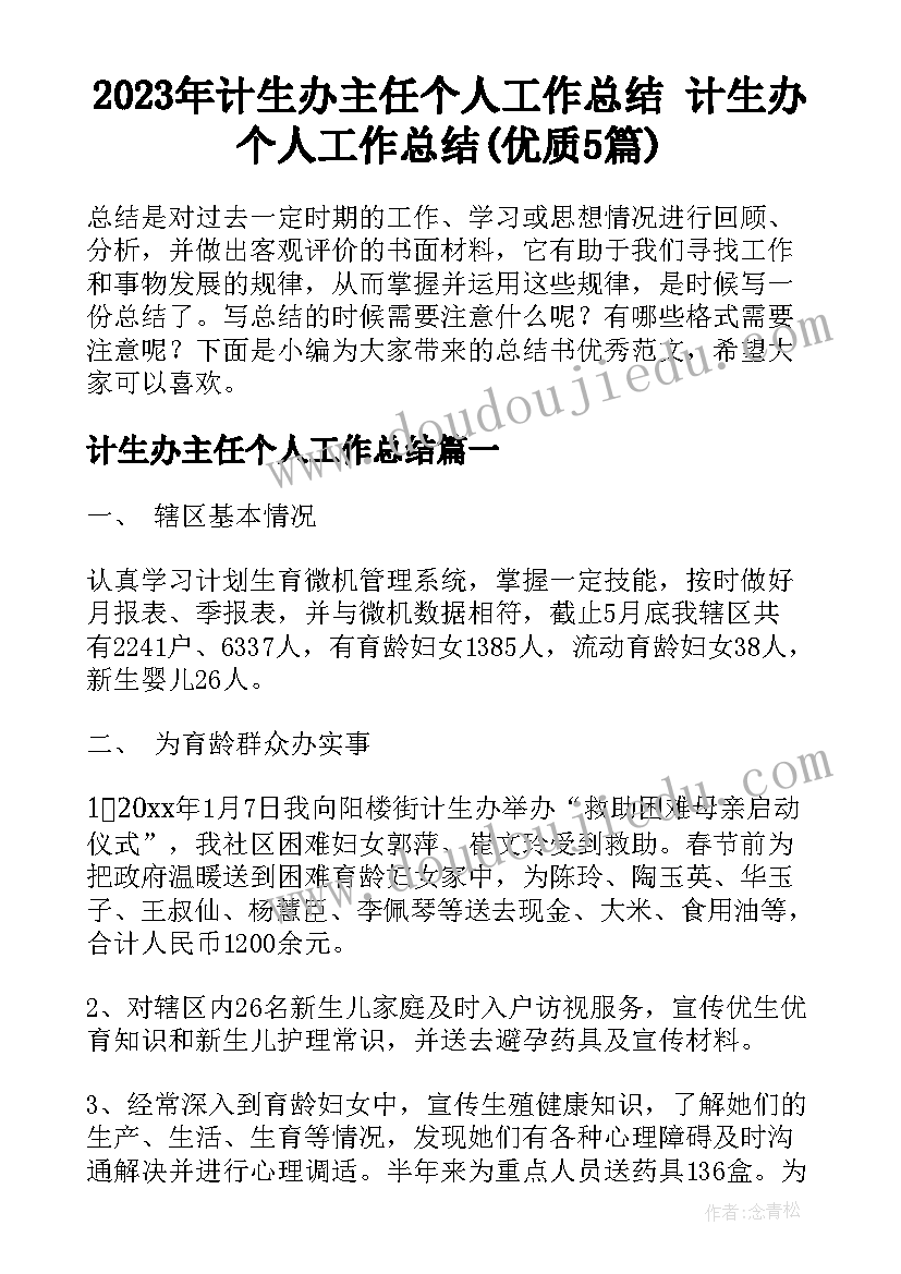 2023年计生办主任个人工作总结 计生办个人工作总结(优质5篇)