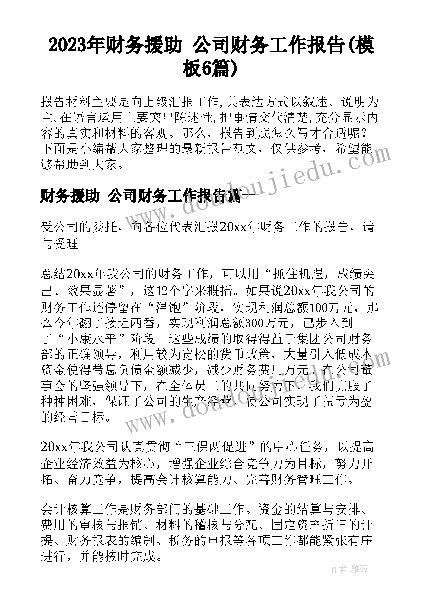 2023年财务援助 公司财务工作报告(模板6篇)