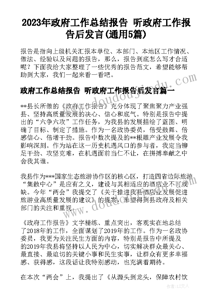 2023年政府工作总结报告 听政府工作报告后发言(通用5篇)