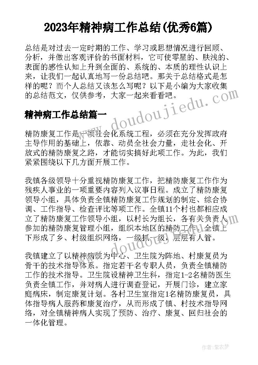 2023年精神病工作总结(优秀6篇)