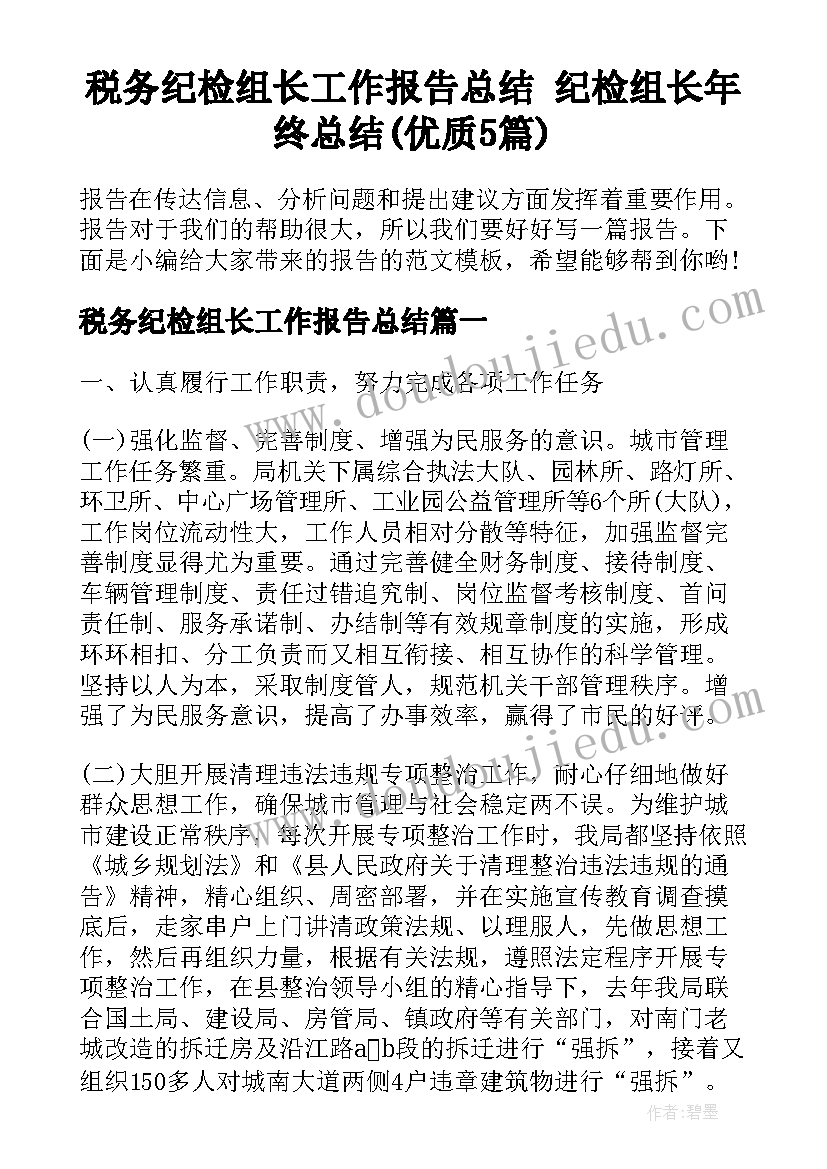 税务纪检组长工作报告总结 纪检组长年终总结(优质5篇)