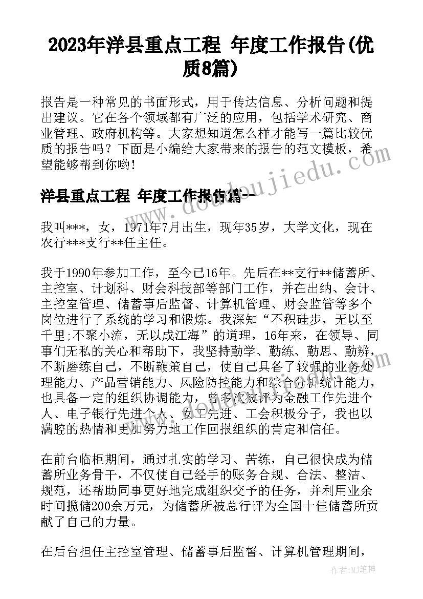 2023年洋县重点工程 年度工作报告(优质8篇)