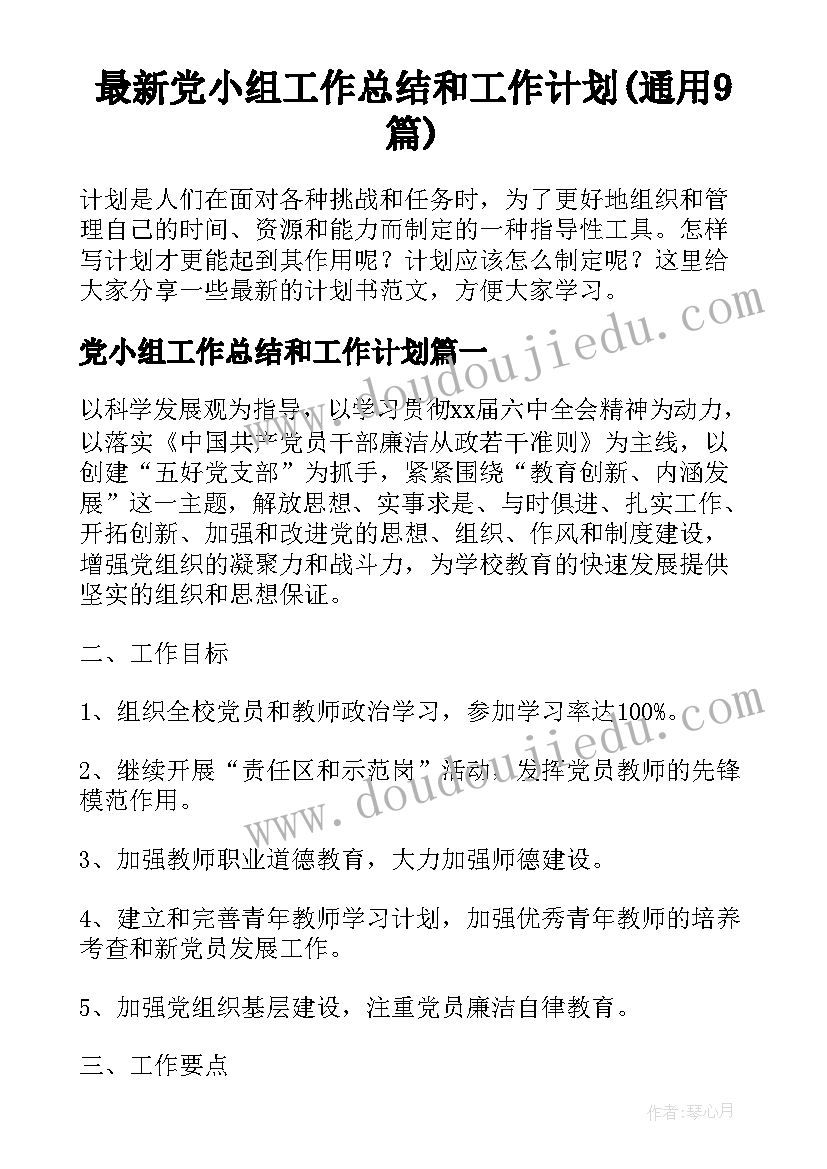 最新党小组工作总结和工作计划(通用9篇)