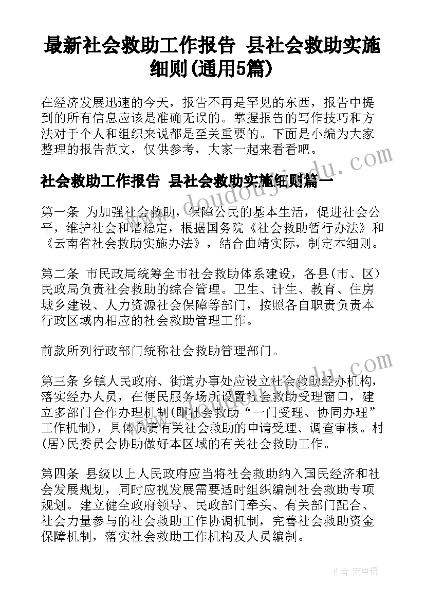 最新社会救助工作报告 县社会救助实施细则(通用5篇)