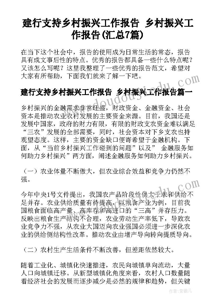 建行支持乡村振兴工作报告 乡村振兴工作报告(汇总7篇)