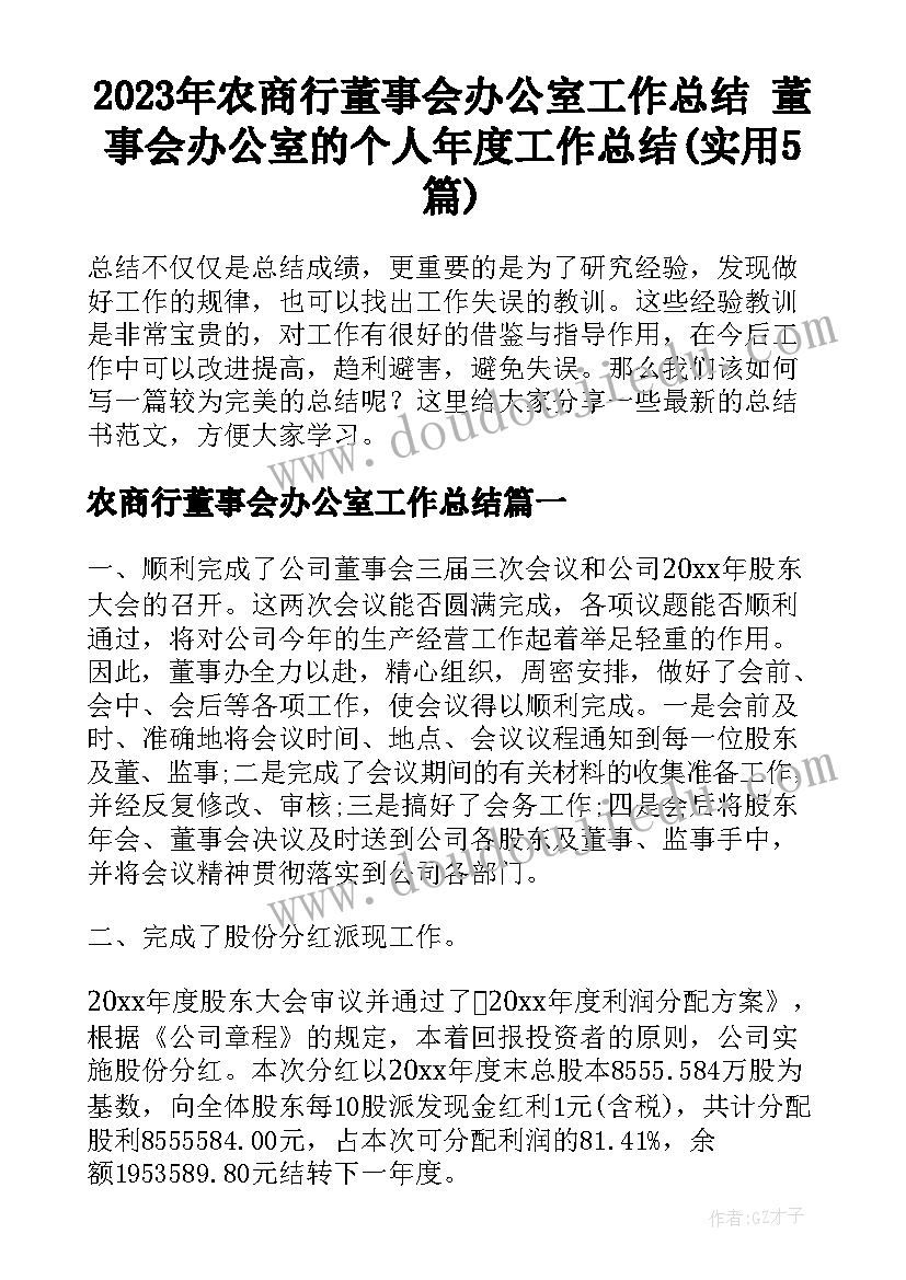 2023年农商行董事会办公室工作总结 董事会办公室的个人年度工作总结(实用5篇)