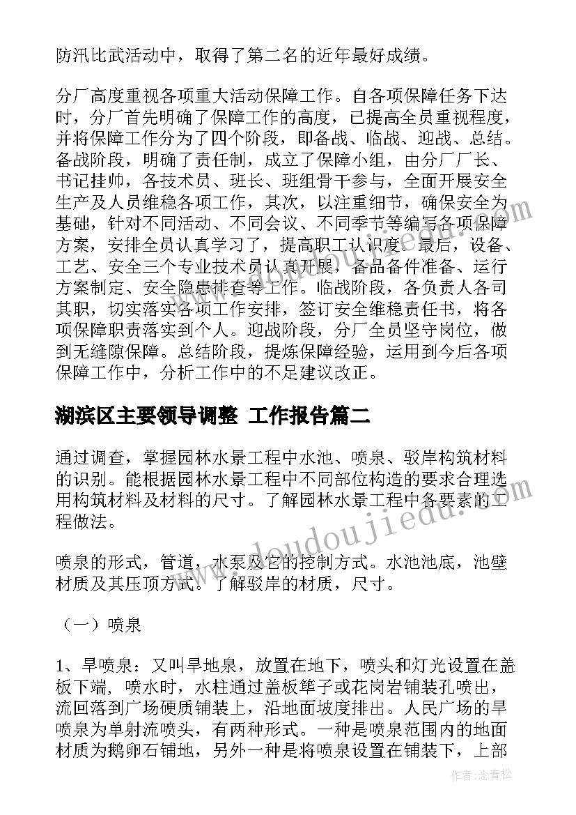 湖滨区主要领导调整 工作报告(通用8篇)