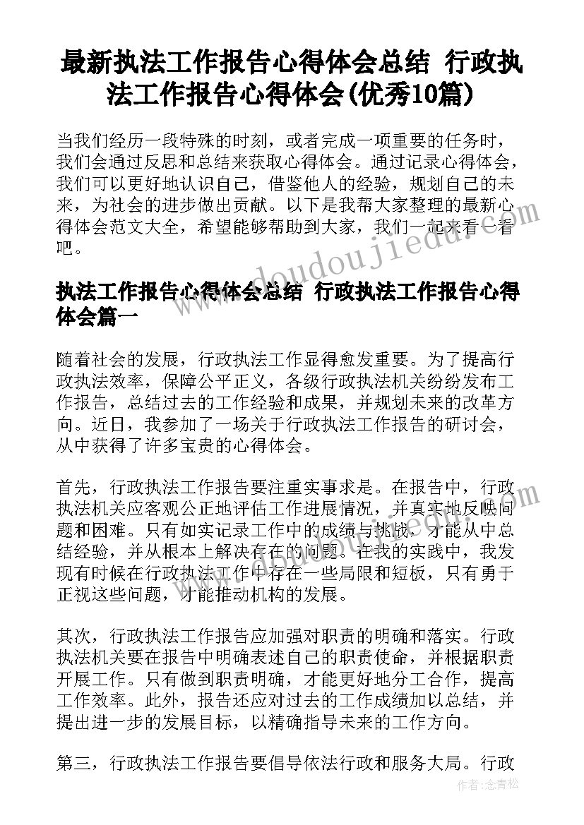 最新执法工作报告心得体会总结 行政执法工作报告心得体会(优秀10篇)