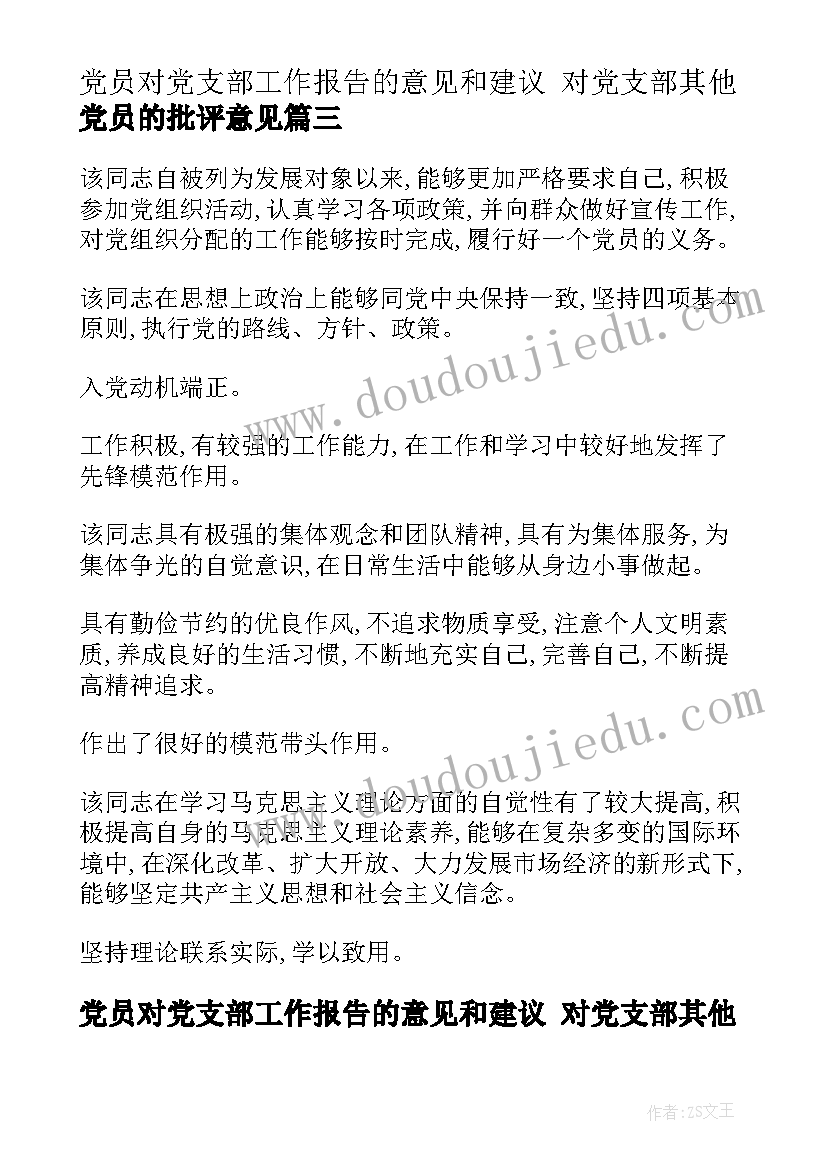 2023年党员对党支部工作报告的意见和建议 对党支部其他党员的批评意见(优质8篇)