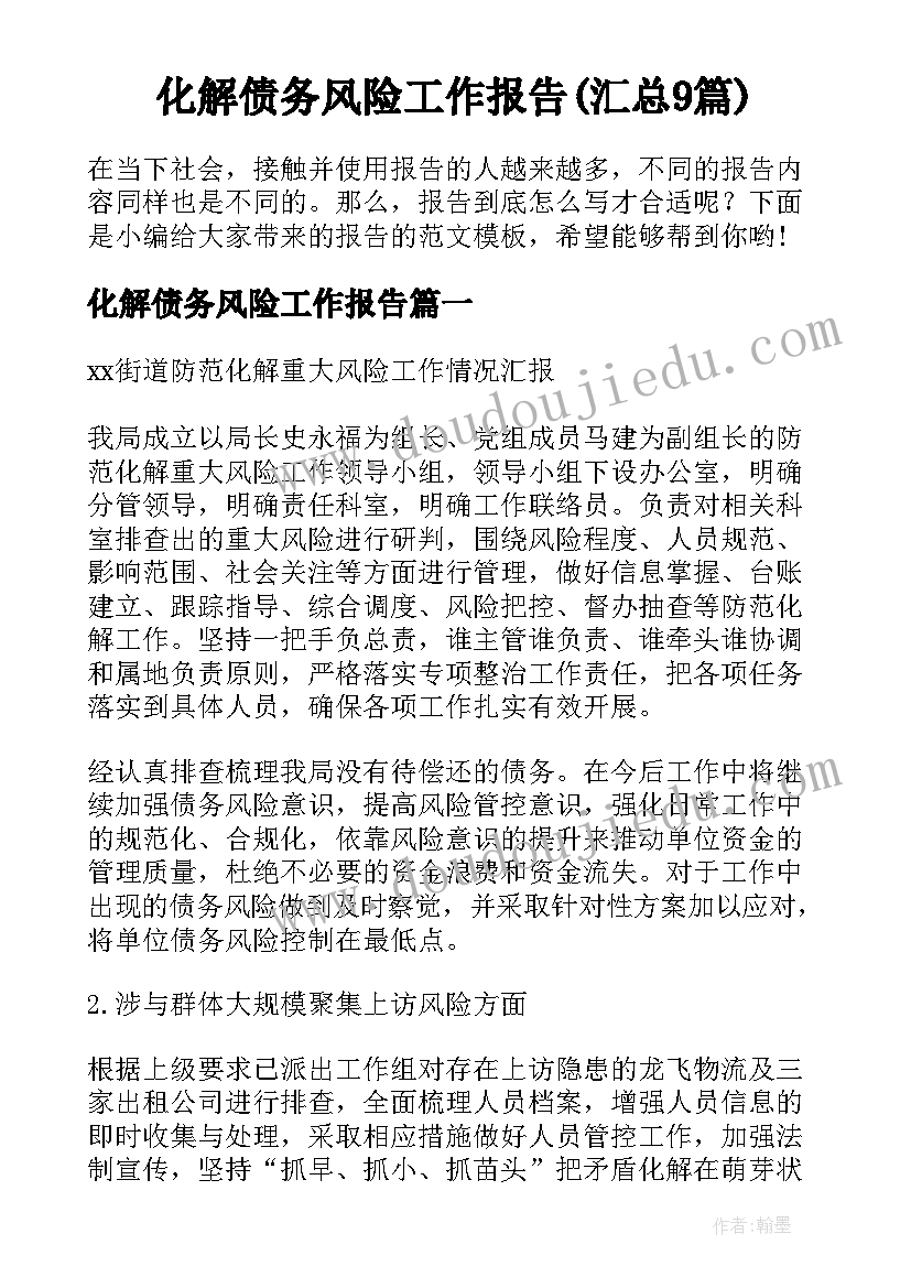 化解债务风险工作报告(汇总9篇)