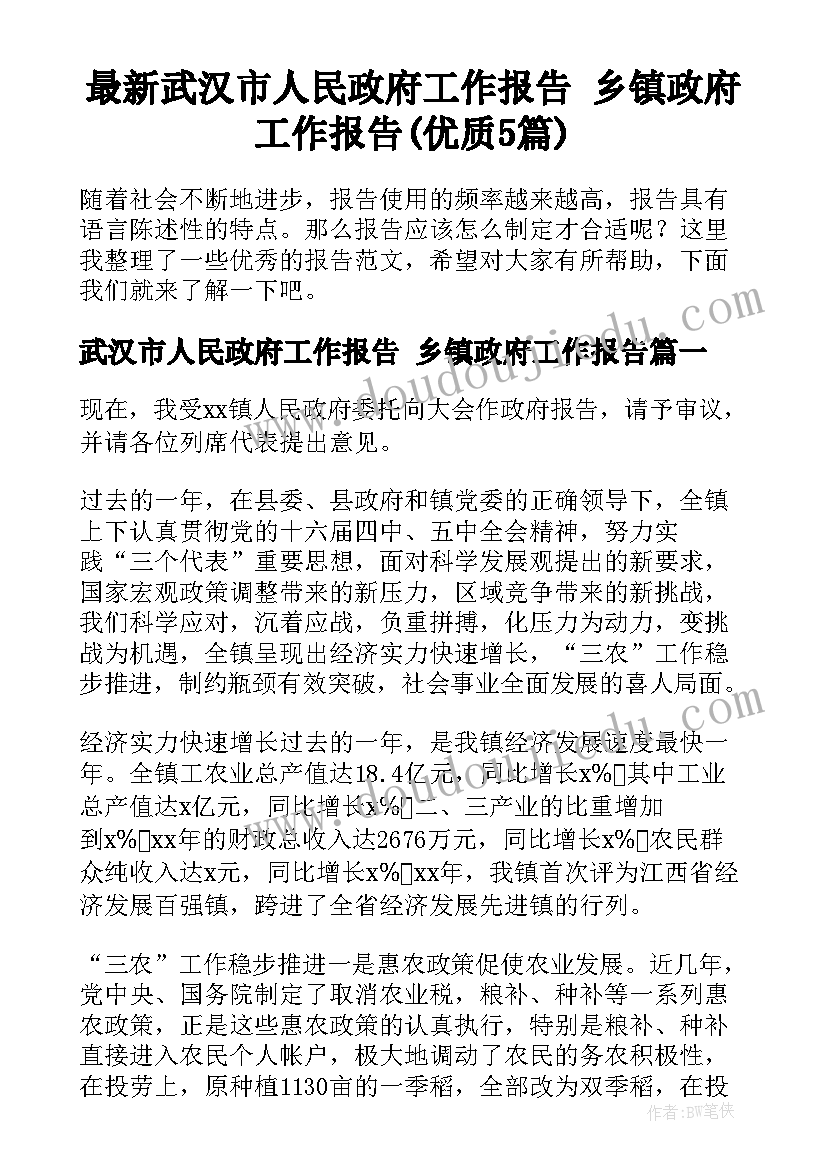 最新武汉市人民政府工作报告 乡镇政府工作报告(优质5篇)