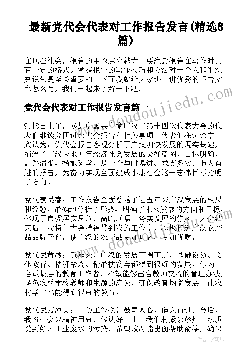 最新党代会代表对工作报告发言(精选8篇)