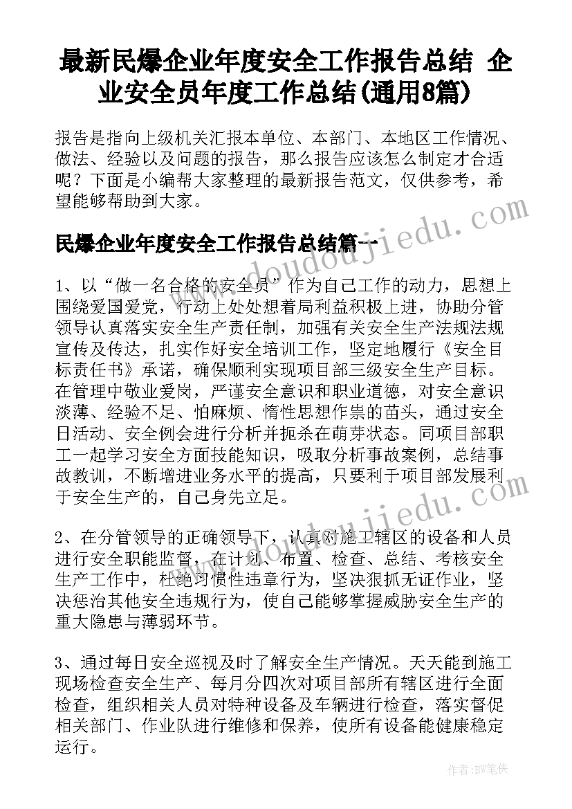 最新民爆企业年度安全工作报告总结 企业安全员年度工作总结(通用8篇)