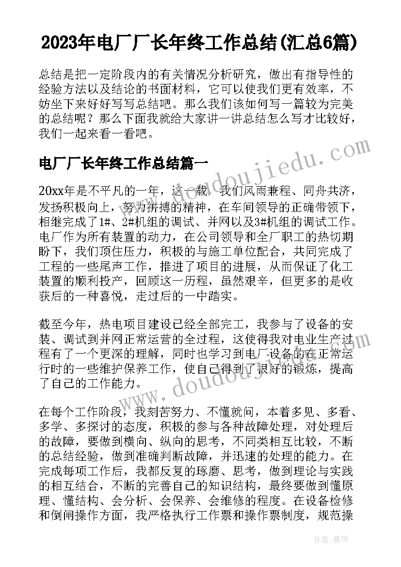 2023年电厂厂长年终工作总结(汇总6篇)