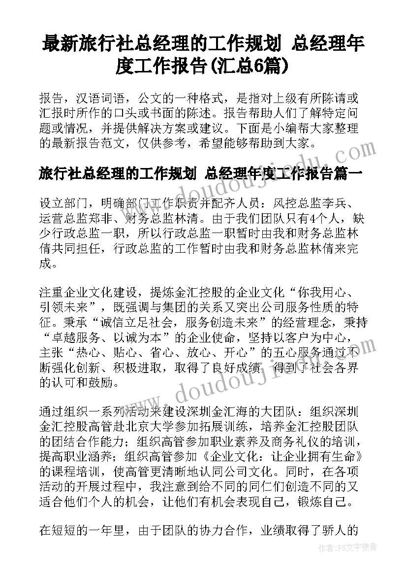 最新旅行社总经理的工作规划 总经理年度工作报告(汇总6篇)