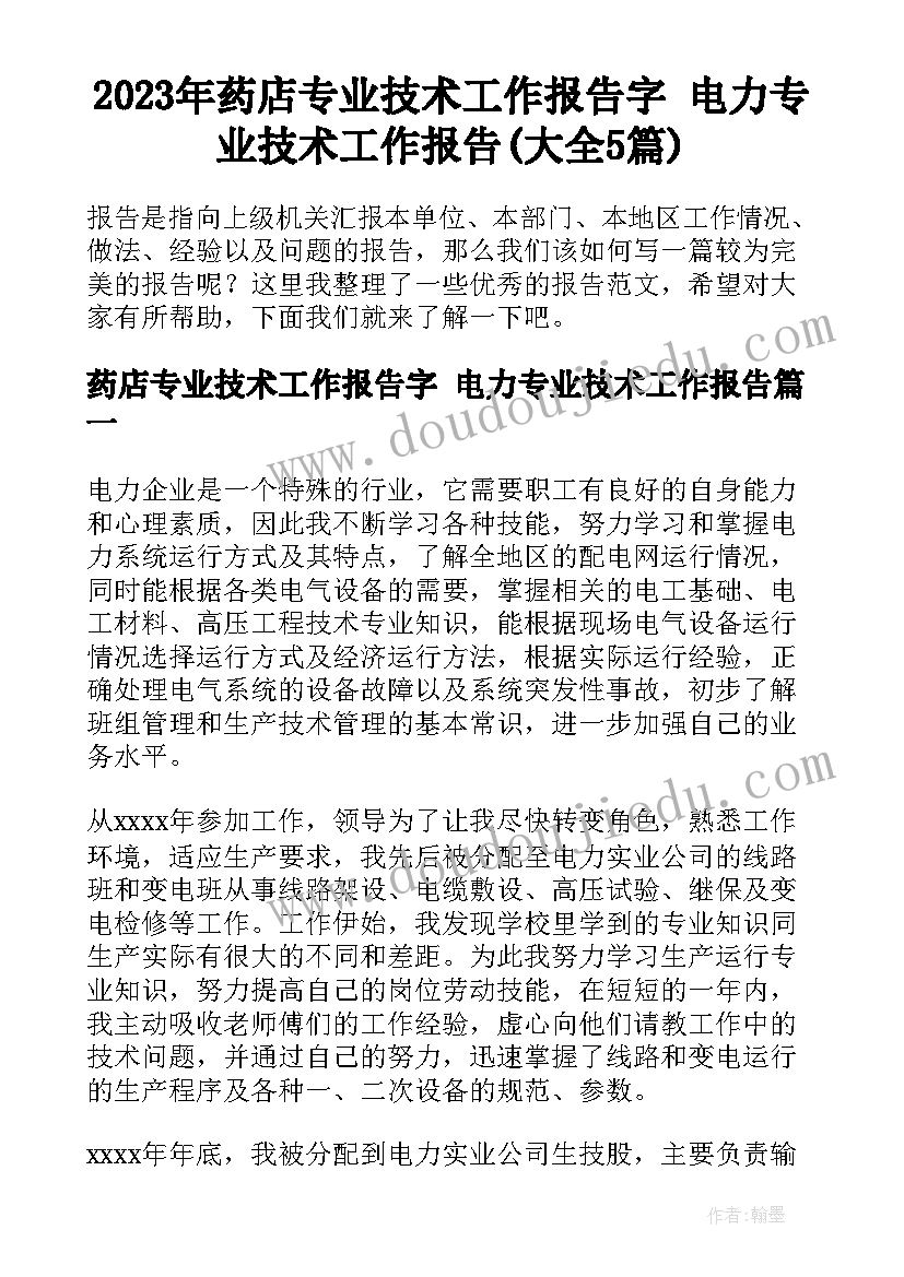 2023年药店专业技术工作报告字 电力专业技术工作报告(大全5篇)