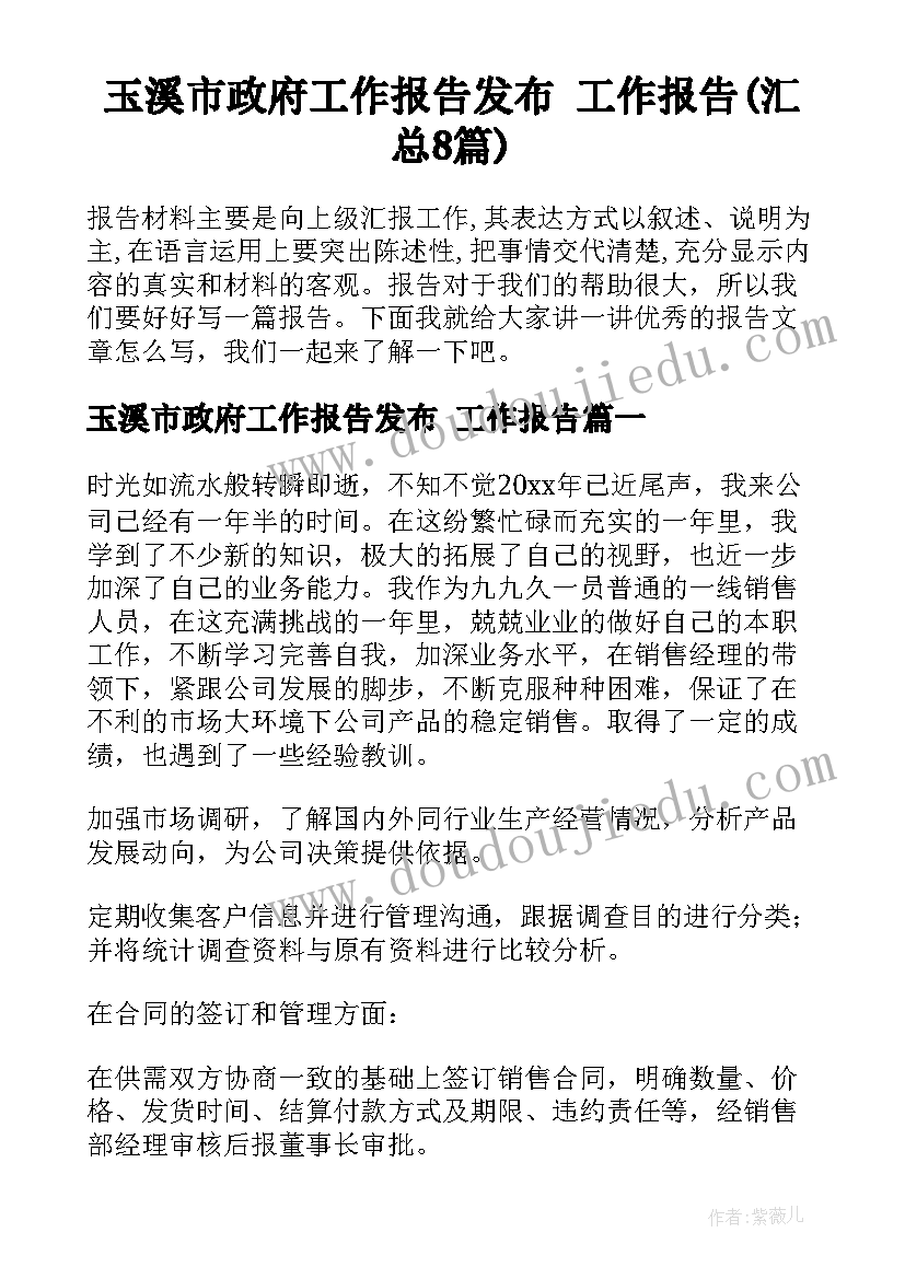 玉溪市政府工作报告发布 工作报告(汇总8篇)