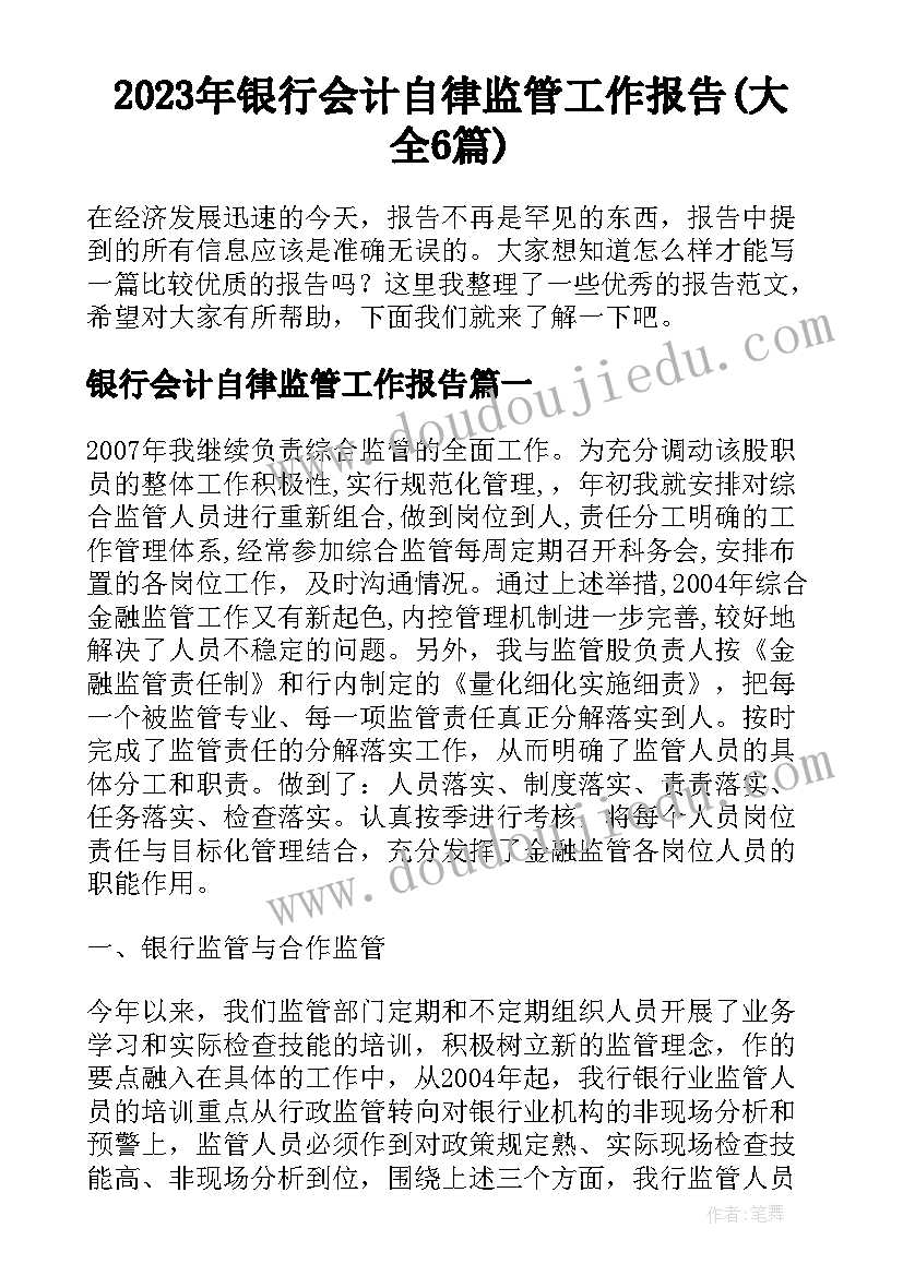 2023年银行会计自律监管工作报告(大全6篇)