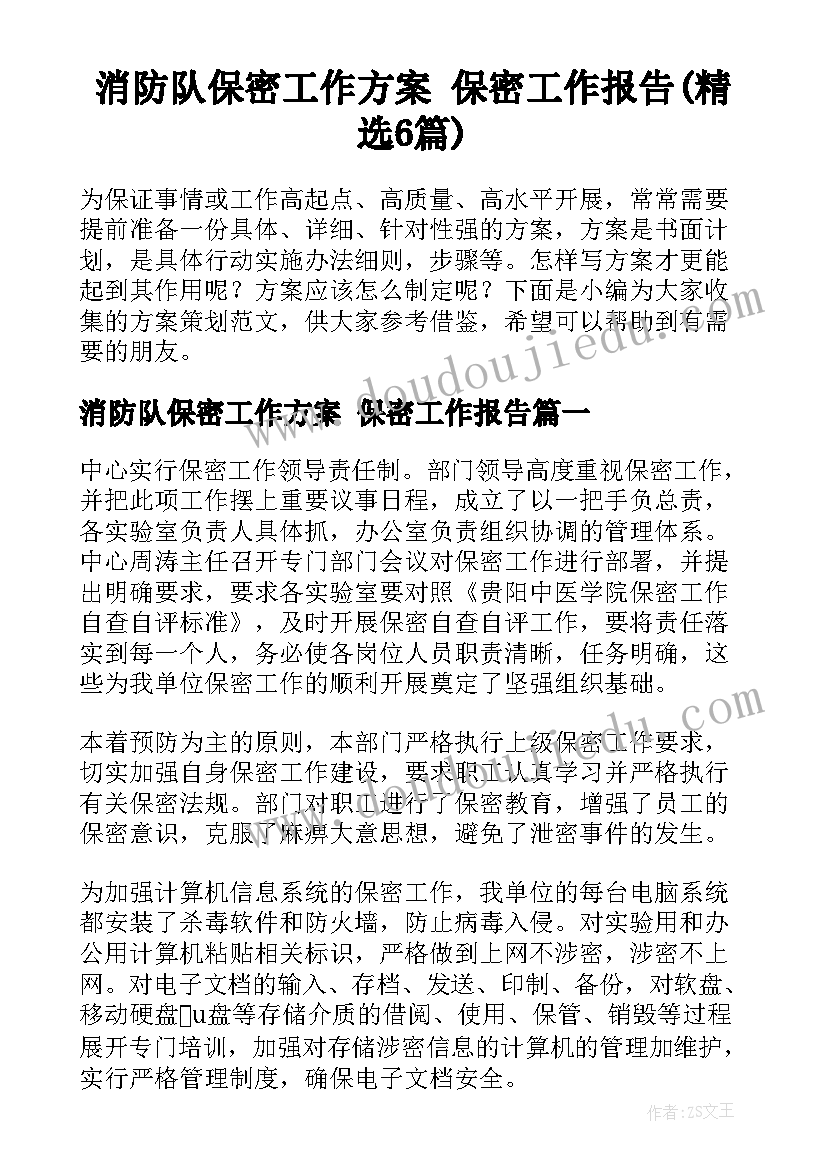 消防队保密工作方案 保密工作报告(精选6篇)