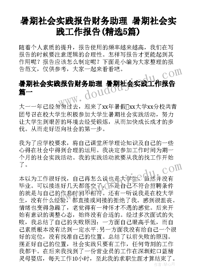 暑期社会实践报告财务助理 暑期社会实践工作报告(精选5篇)