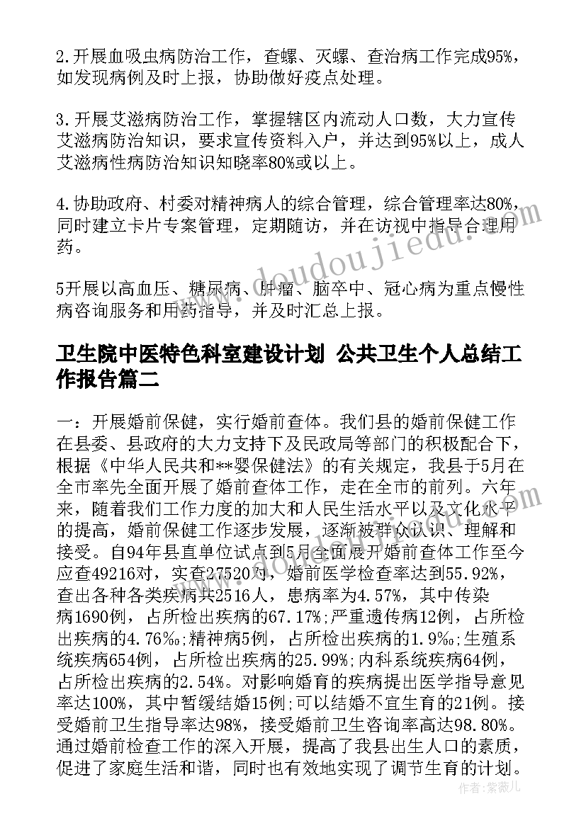 最新卫生院中医特色科室建设计划 公共卫生个人总结工作报告(通用10篇)