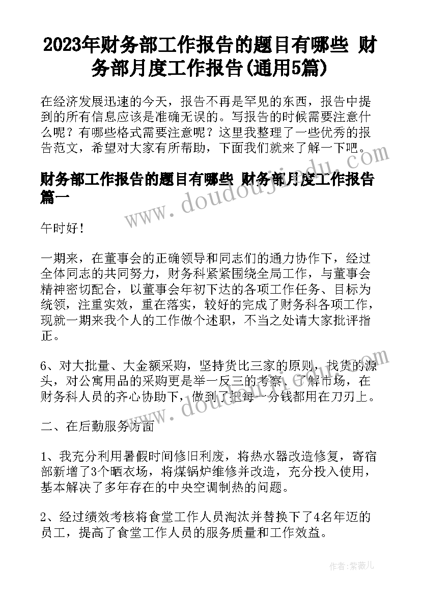 2023年财务部工作报告的题目有哪些 财务部月度工作报告(通用5篇)