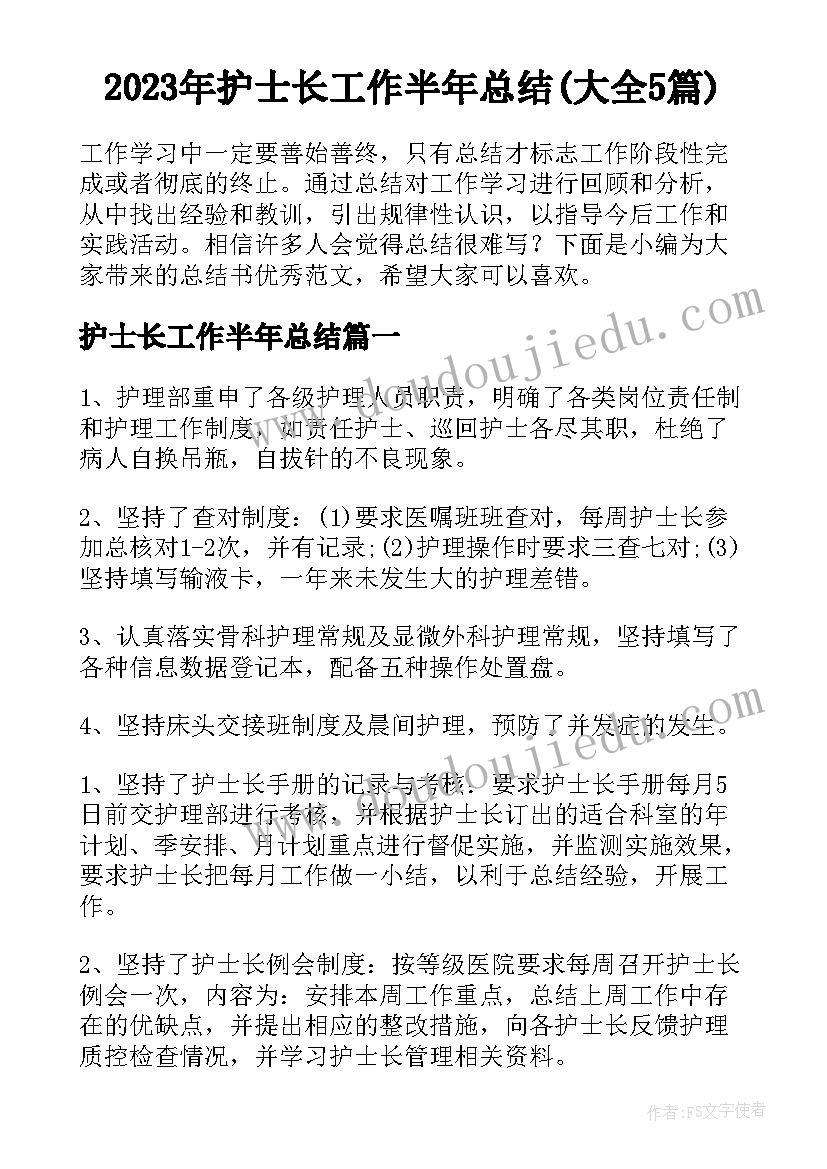 2023年护士长工作半年总结(大全5篇)