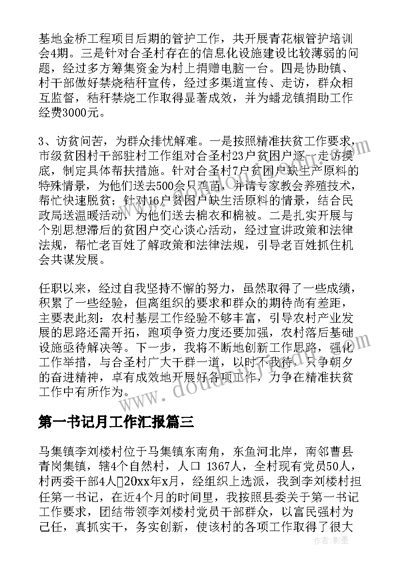 2023年第一书记月工作汇报(实用8篇)