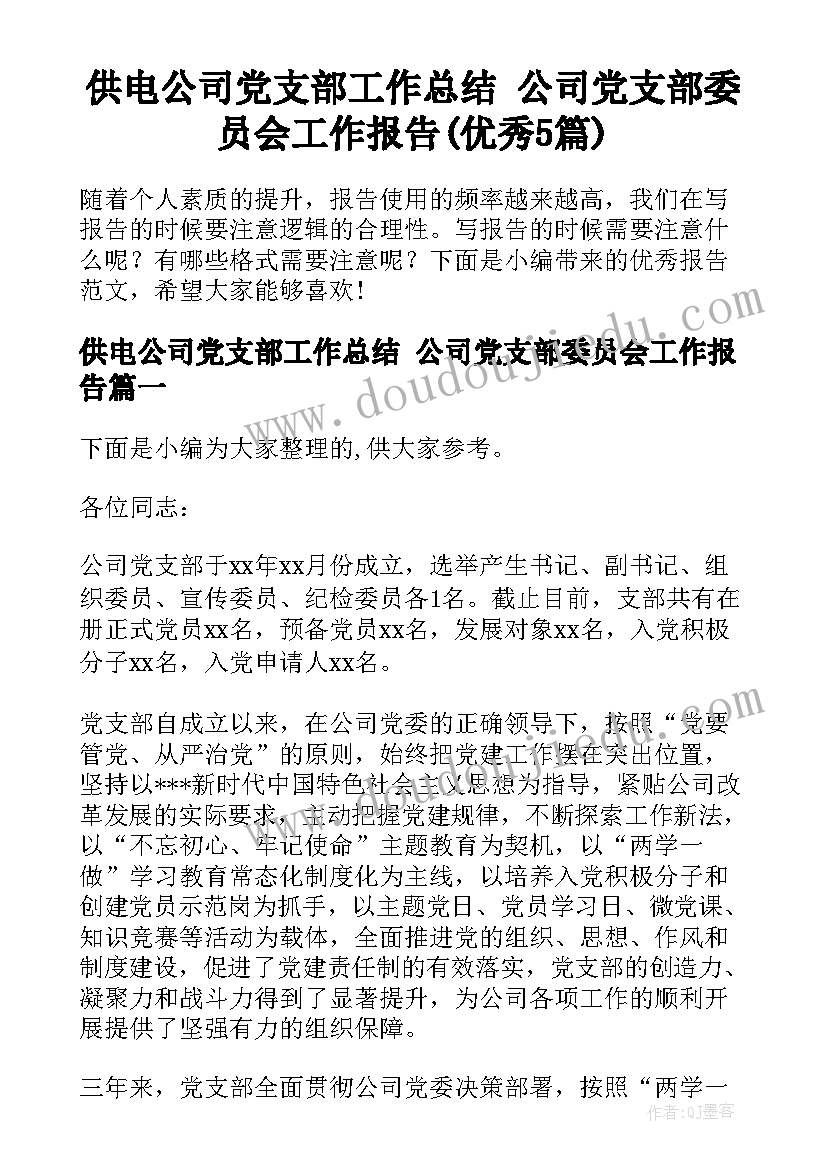 供电公司党支部工作总结 公司党支部委员会工作报告(优秀5篇)