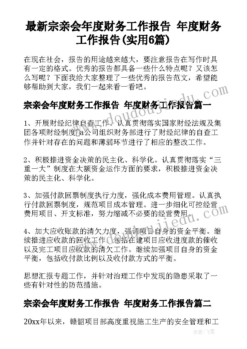 最新宗亲会年度财务工作报告 年度财务工作报告(实用6篇)