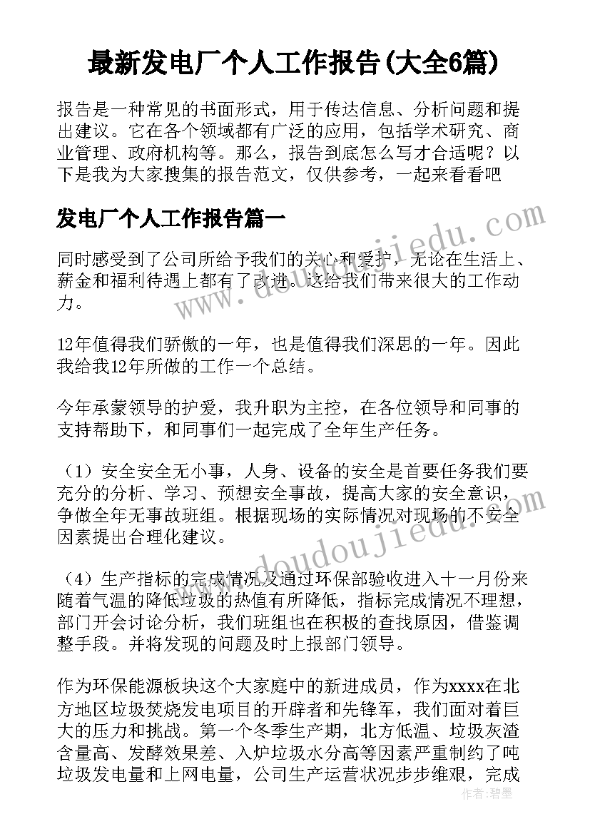 最新发电厂个人工作报告(大全6篇)