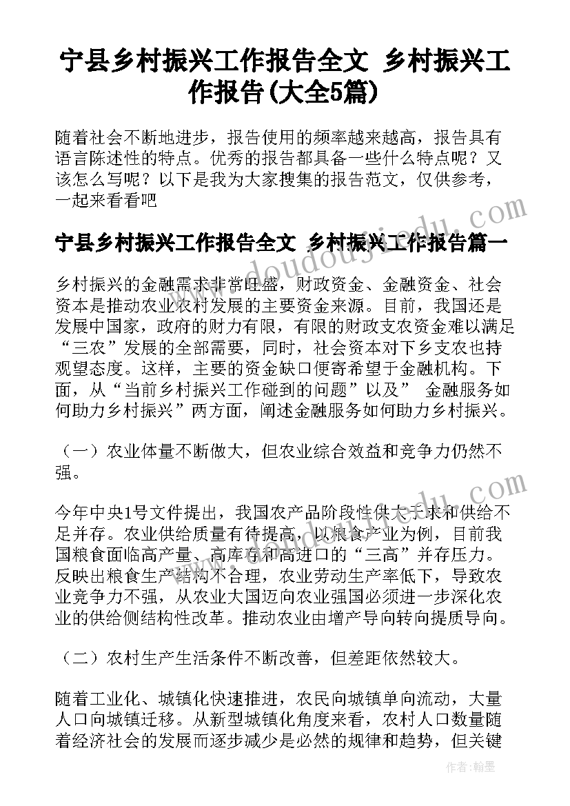 宁县乡村振兴工作报告全文 乡村振兴工作报告(大全5篇)