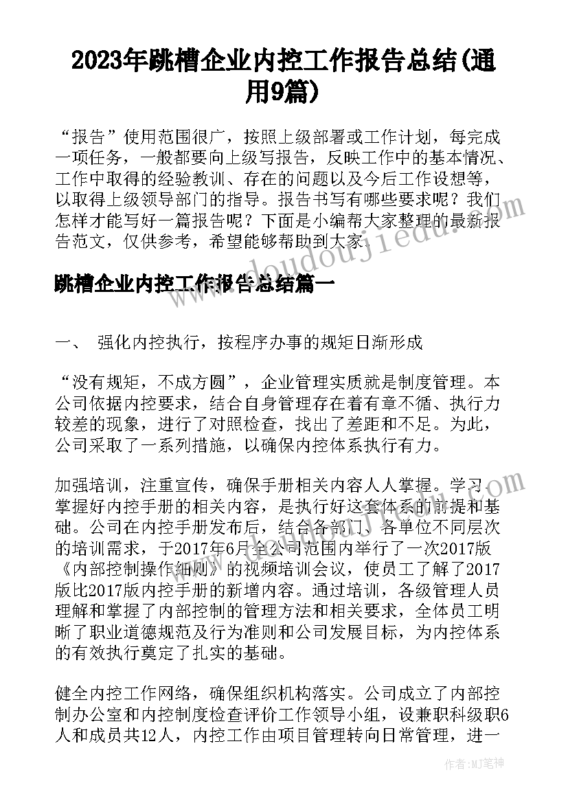 2023年跳槽企业内控工作报告总结(通用9篇)