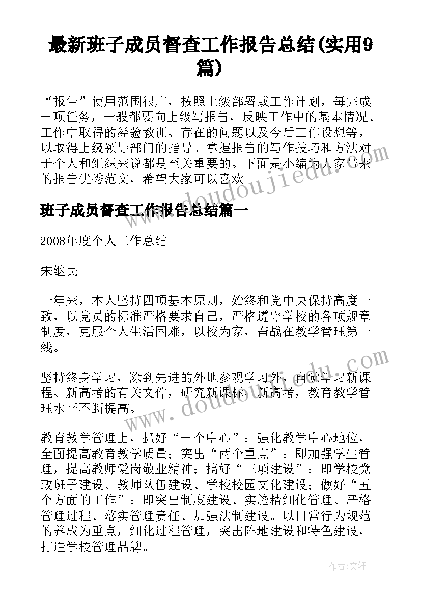 最新班子成员督查工作报告总结(实用9篇)