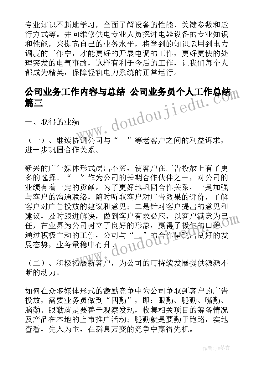 2023年公司业务工作内容与总结 公司业务员个人工作总结(优质8篇)