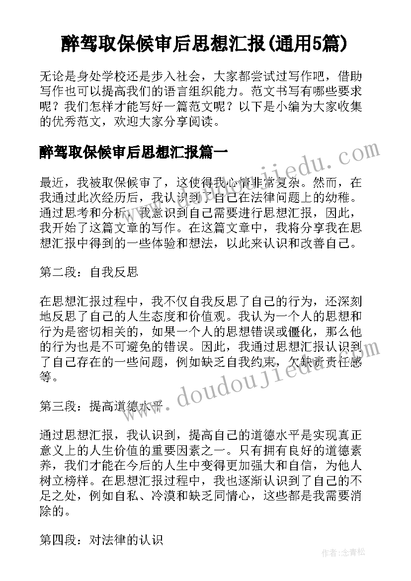 醉驾取保候审后思想汇报(通用5篇)