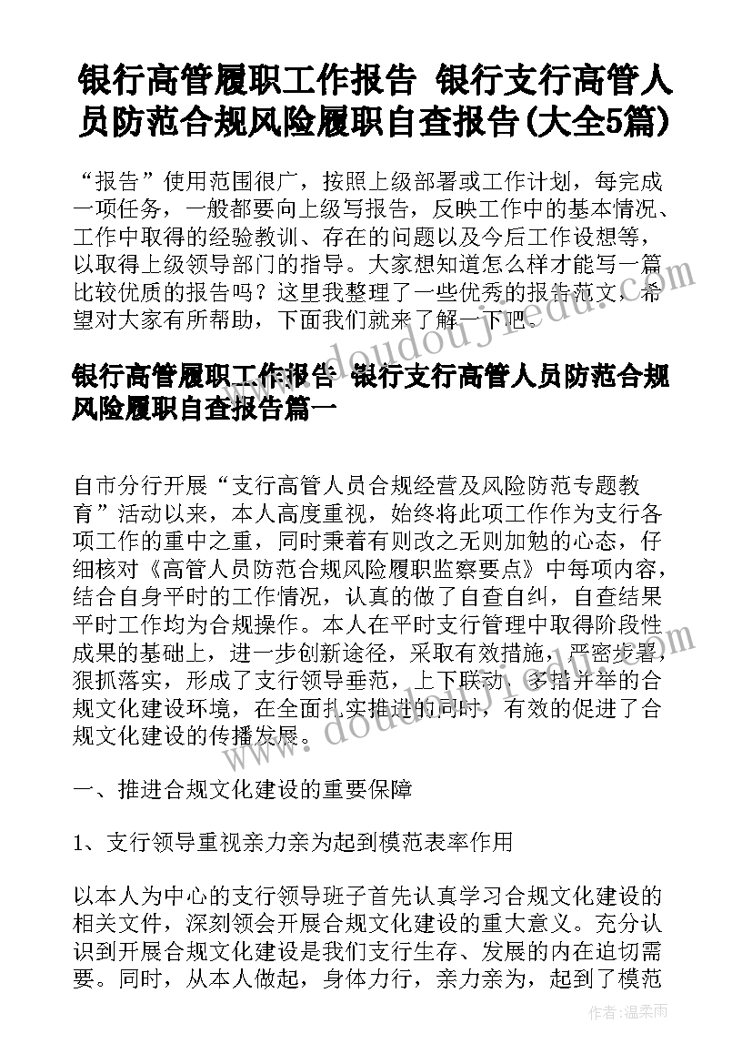 银行高管履职工作报告 银行支行高管人员防范合规风险履职自查报告(大全5篇)