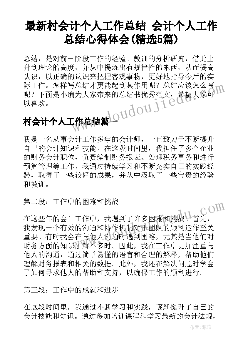 最新村会计个人工作总结 会计个人工作总结心得体会(精选5篇)