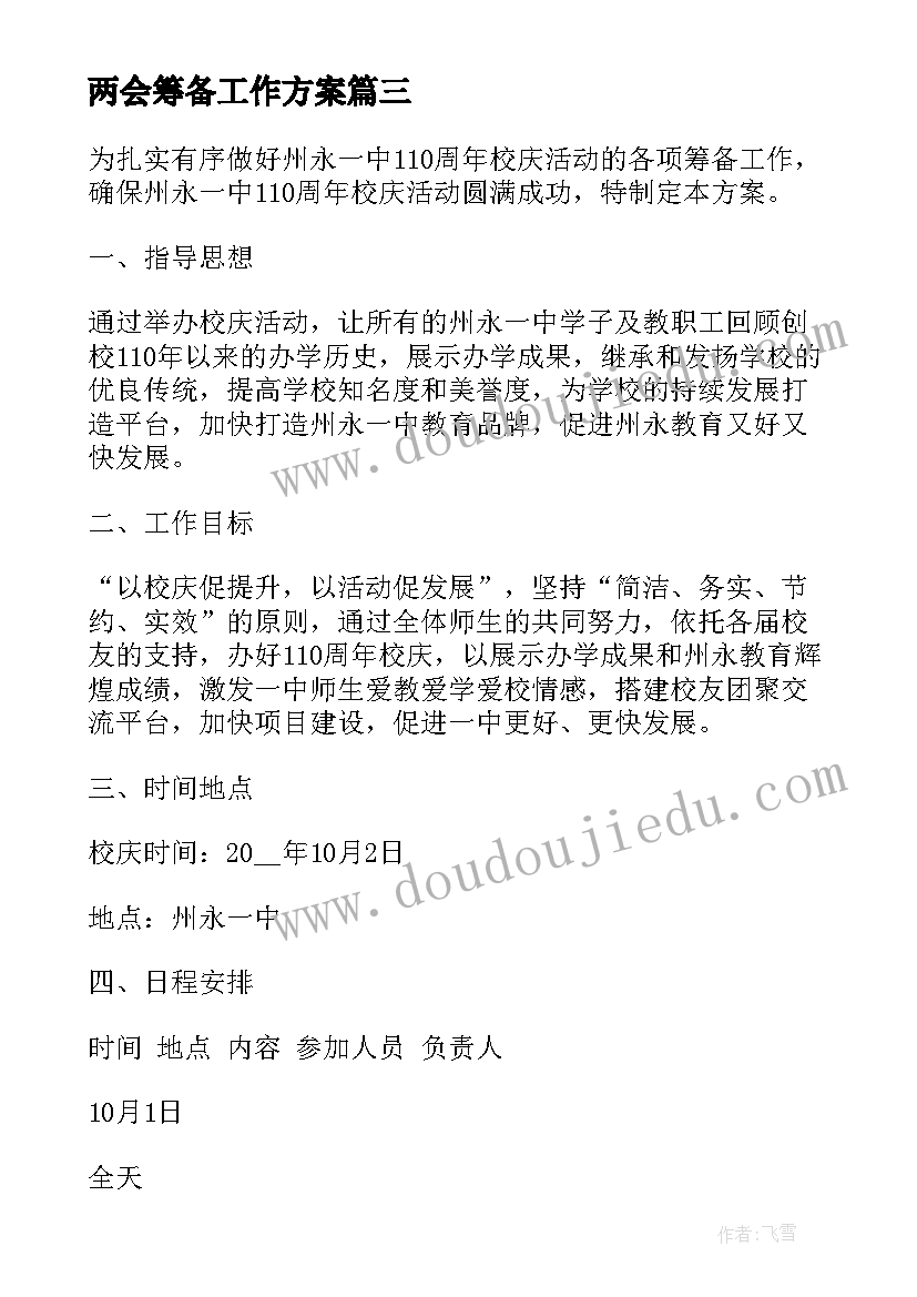 最新两会筹备工作方案(通用7篇)